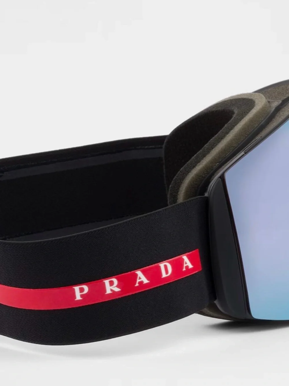 Prada Black Strap Ski Goggles with Red Logo and Mirrored Blue Lens